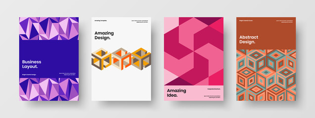 Multicolored booklet A4 design vector layout set. Unique geometric pattern banner template composition.