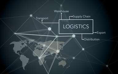 world map and fictive connections between hubs, logistics, business, globalization