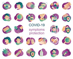 Collection flat icons of covid-19 coronavirus. Illustrations on symptoms and prevention viral infections. Set simple icons gradient. Means of individual protection and prevention the corona virus.