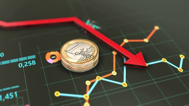 Financial economic global crisis, budget constraints in budget, declining stock markets. Economy is in inflation, arrow is pointing down. 3D video animation background.