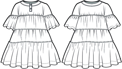 Baby Girl's Henley Neck Bell Sleeve Tiered Frock Dress Front and Back View. fashion illustration vector, CAD, technical drawing, flat drawing.