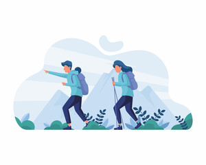 Mountain tourism, Hiking, traveling on nature concept. Young happy couple cartoon characters tourists backpackers hikers hiking on nature with sticks together vector illustration