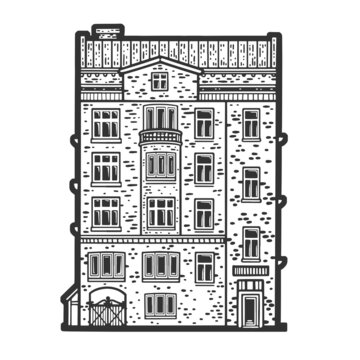 old apartment building sketch engraving vector illustration. T-shirt apparel print design. Scratch board imitation. Black and white hand drawn image.
