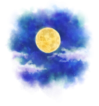 Full Moon And Clouds Drawn In Digital Watercolor