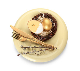 Stylish table setting with Easter cookie on white background