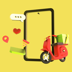 Fast delivery electric scooter from mobile phone. Realistic 3d creative concept marketing idea. Online service ordering of goods.