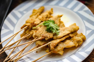 Pork satay - Grilled pork served with peanut sauce or sweet,sour sauce and toast,  Thai street food and delicious food in the restaurant.