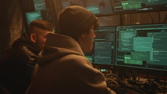 Excited software hackers in casual clothes making a cyber attack in a dark cybercriminals room with computers