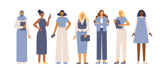 Vector collection of female characters in business style. Full length business women of different nationalities. Flat design illustration, isolated on white. 