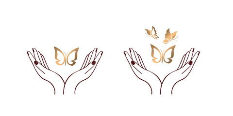 Female hands with butterflies. Continuous one line art drawing style. Dark brown linear sketch isolated on white background. Vector illustration.