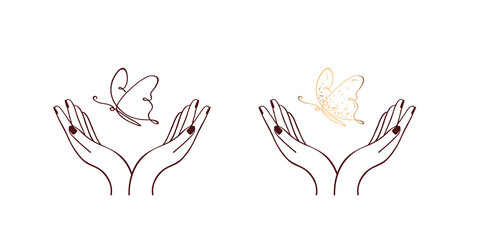 Female hands with butterflies. Continuous one line art drawing style. Dark brown linear sketch isolated on white background. Vector illustration.