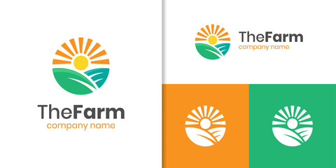 Fototapeta na wymiar agriculture farmer garden nature with sun and leaf logo design vector template