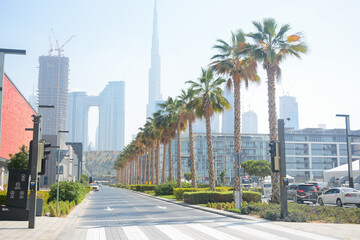 Fototapeta na wymiar Dubai, UAE - February 3, 2022: View to Burj Khalifa and sky line from Al Wasl district