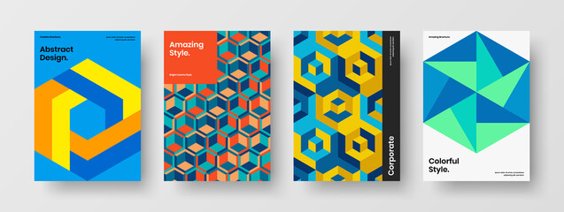 Obraz premium Multicolored geometric shapes postcard concept collection. Unique corporate brochure A4 vector design template composition.