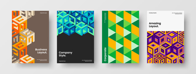 Fototapeta premium Bright geometric pattern magazine cover template set. Fresh corporate identity vector design illustration collection.