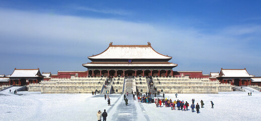 China, Beijing. Snow covered Forbidden City Palace Museum, Gate of Supreme Harmony, Tai he Men,