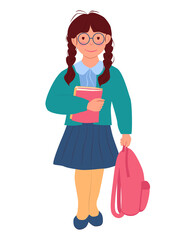 A little girl in a skirt and a jacket with books in her hand. Schoolgirl in glasses is holding a backpack in her hand. Vector illustration in flat style on a white background
