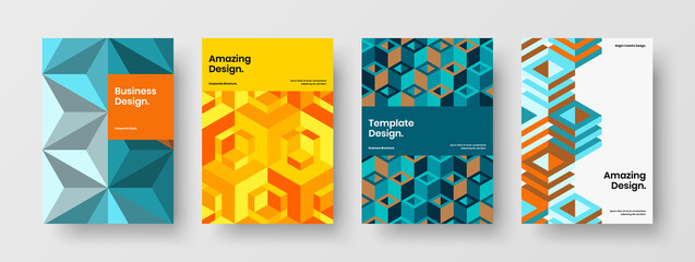 Obraz premium Multicolored geometric shapes corporate cover illustration collection. Clean pamphlet A4 design vector template bundle.