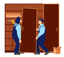 Workers assemble furniture. Two workers are installing a heavy door of the wardrobe. Assembling or dismantling furniture. Vector Illustration in flat style on white background.
