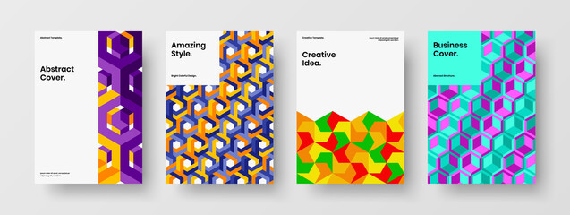 Colorful geometric pattern handbill concept collection. Multicolored journal cover A4 vector design illustration bundle.