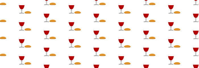 Communion banner with wine and bread on a white background, seamless banner. 