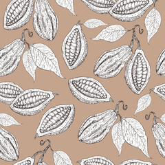 Cocoa pattern. Organic healthy food background. Cocoa beans print. Hand drawn cacao branch with fruits. Great for textie, fabric, banner. Cocoa beans, leaves, seeds, cocoa texture. Superfood cacao.
