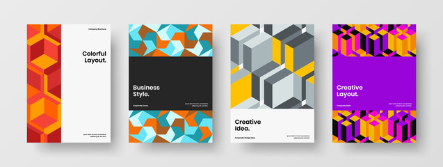 Fresh pamphlet vector design layout set. Multicolored mosaic hexagons banner illustration composition.