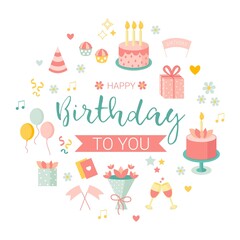 Birthday greeting card design. Pastel colors. Invitation card. Vector illustration