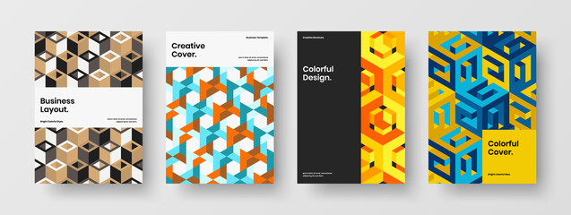 Isolated geometric hexagons annual report concept bundle. Modern booklet A4 design vector template composition.