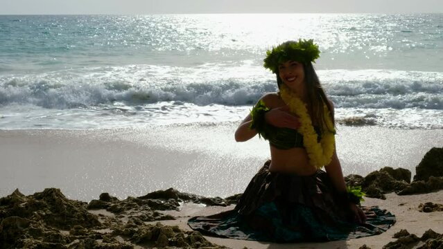 Beautiful Hawaiian woman greets and welcomes to a spectacular island for the enjoyment of customers and tourists