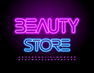 Vector colorful Poster Beauty Store. Modern Neon Font. Glowing Alphabet Letters and Numbers set