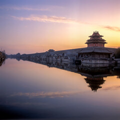 China, Beijing, Sunrise over the Walls of the Forbidden City (Gugong)