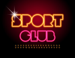 Vector neon Sign Sport Club. Modern Glowing Font. Creative Alphabet Letters and Numbers set