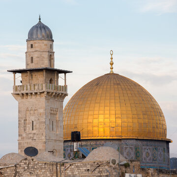 Square picture of dome on the rock and El-Ghawanima minaret in Jerusalem