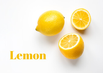 Fresh lemon fruit composition on white background. Lemon and slices  flat lay. Food concept. Top view, space for text. Healthy food banner