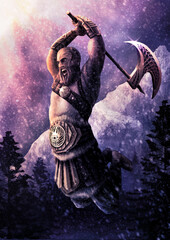 Northern warrior in the bright rays of the sun against the background of an icy mountain and a sky with snow clouds. An enraged berserker in a jump with an ax in his hands, in leather armor with fur. - obrazy, fototapety, plakaty