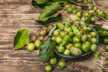 Harvest of ripe Actinidia arguta kiwi in a ceramic bowl