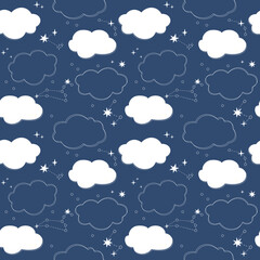 Seamless pattern. Dark blue background. Clouds and stars vector texture. Fashionable print for textiles and wallpapers.