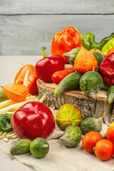 Trendy ugly organic vegetables and fruits on stone concrete background