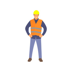 Construction worker. Standing laborer. Male handyman icon, sign or symbol. Repairman flat vector character illustration.