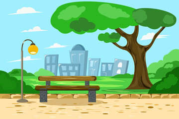 A city park with a bench and a street lamp.