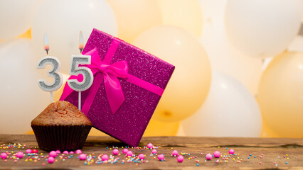Happy birthday with a pink gift box for a 35 year old girl. Beautiful birthday card with cupcake...