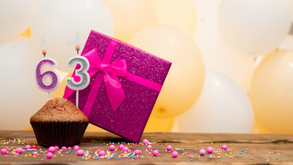 Happy birthday with a pink gift box for a 63 year old woman. Beautiful birthday card with a cupcake...