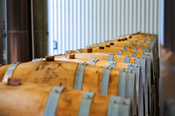 Rows of wine barrels in vaults at the winery.