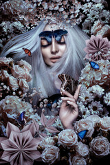 Beautiful woman portrait with butterflies and flowers