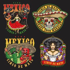 Colorful Mexican characters emblems set