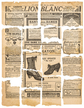 Newspaper pieces vintage advertising. French magazine page tapes
