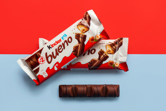 Closeup of packages of Kinder bueno and Kinder Bueno milk chocolate bar