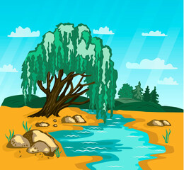 summer landscape a tree above the water and a sandy beach against a background of blue sky and clouds