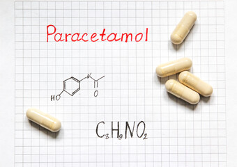 Chemical formula of Paracetamol and some pills. Close-up.